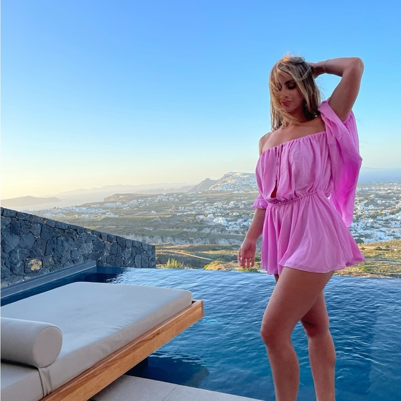 Michael Costello Mishka Romper in Pink Off-Shoulder Dress Romper - Picture 2 of 7